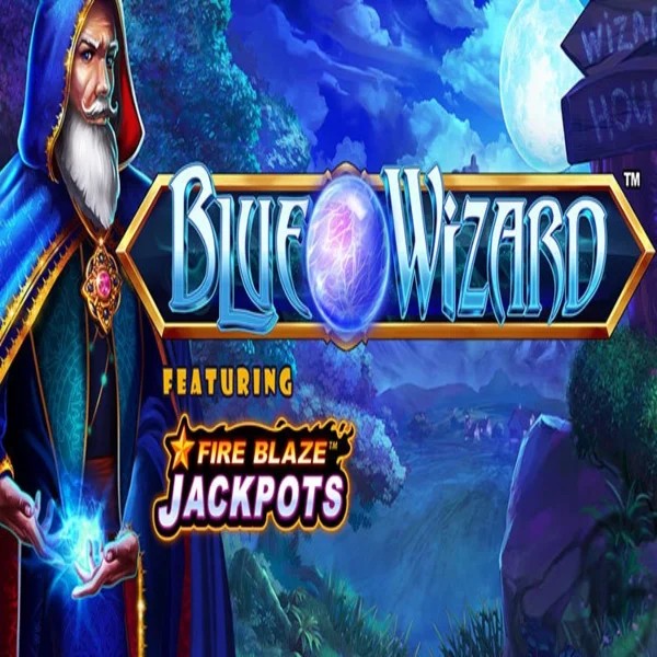 Blue Wizard Fire Blaze Jackpots logo by Rarestone Gaming at OnlySpins Casino