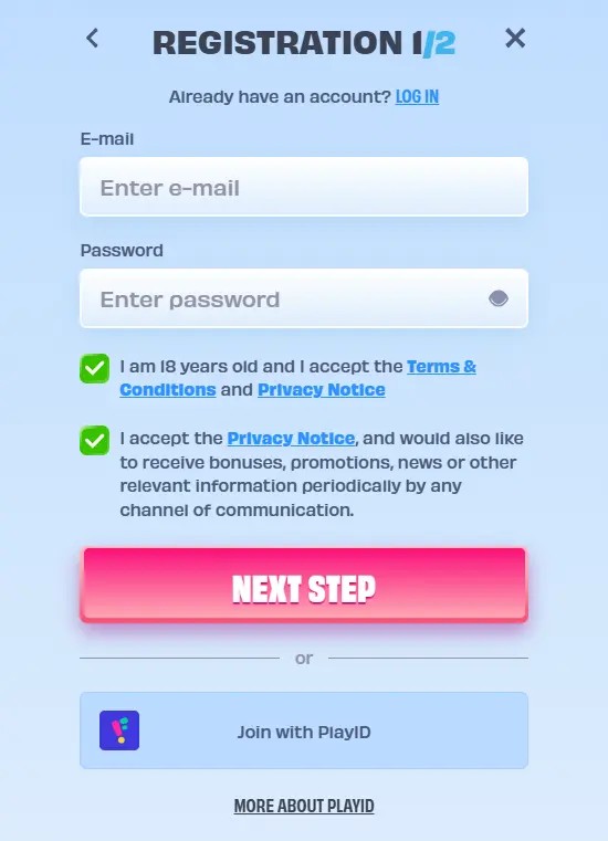 OnlySpins South Africa registration step 1 of 2 with email and password fields and age and terms confirmation checkboxes