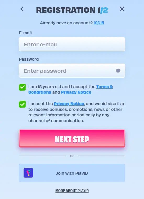 OnlySpins South Africa registration step 1 of 2 with email and password fields and age and terms confirmation checkboxes