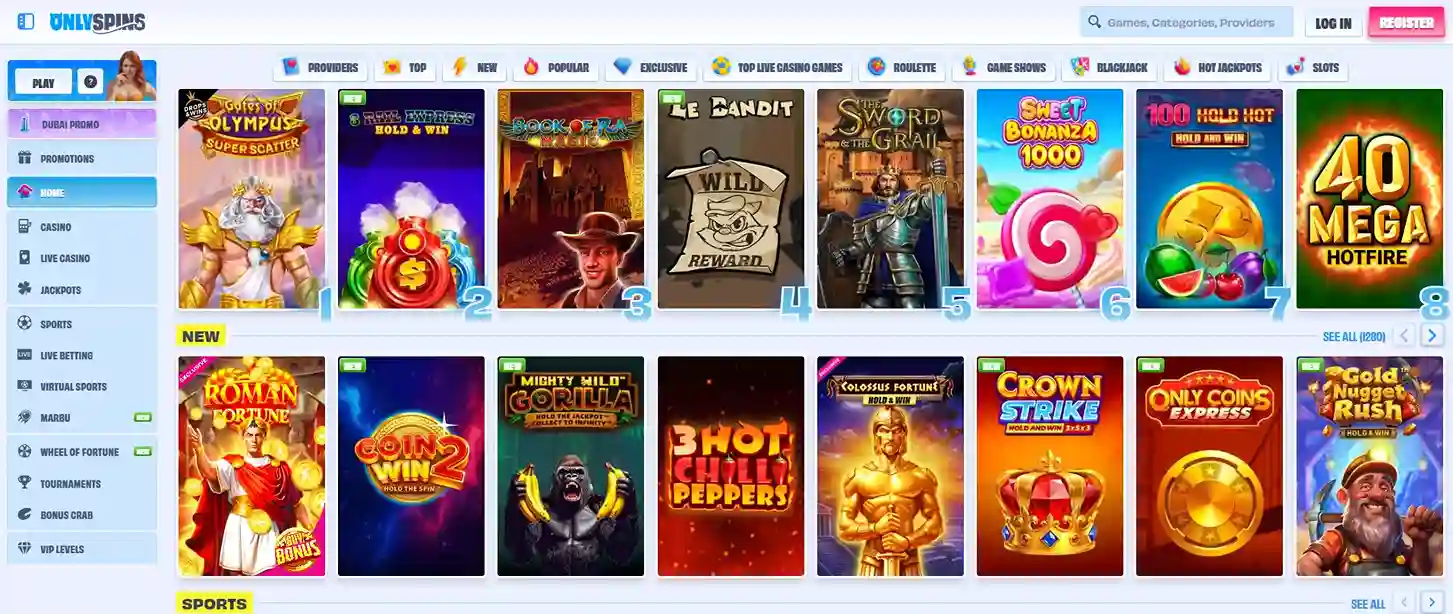 OnlySpins South Africa casino lobby with top slot games like Gates of Olympus, Book of Ra and Sweet Bonanza 1000